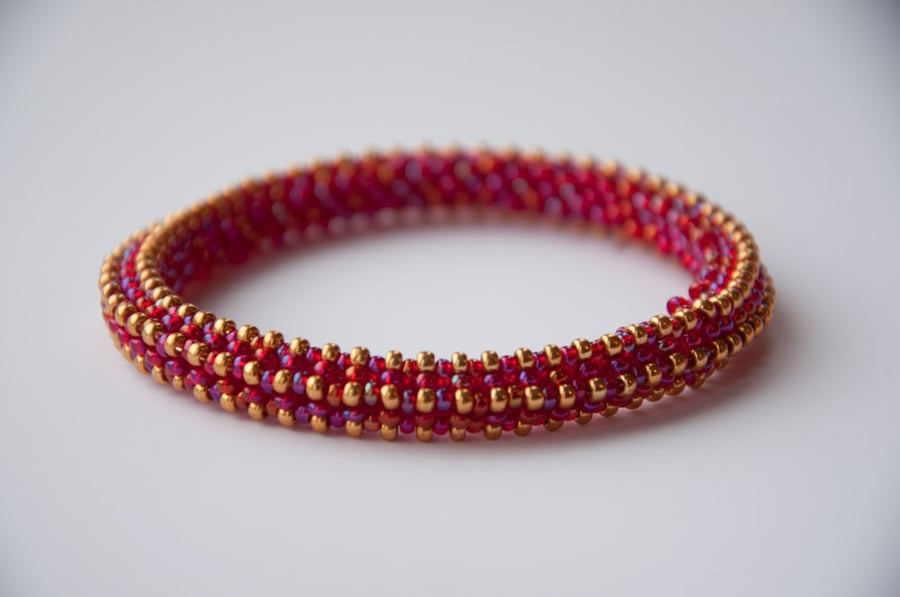 Red and gold beadwoven bangle
