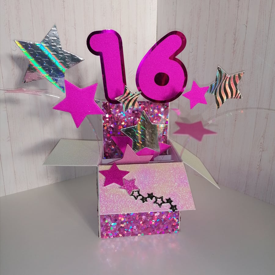  16th Birthday 3d pop up box card. Pink Sparkle and Glitter 