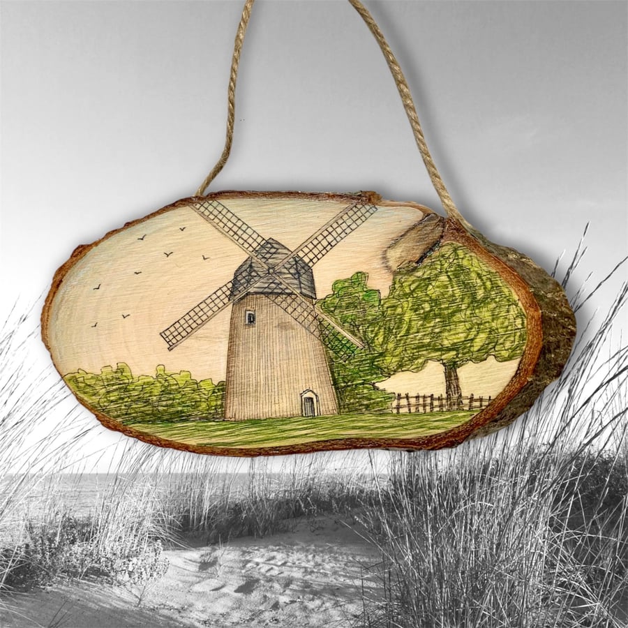 Isle of Wight original drawing of Bembridge Windmill on a natural wood slice
