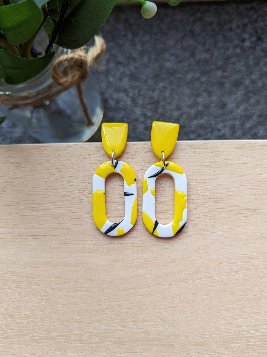 Bright Yellow Pop & Black Line Oval hoop Earrings 