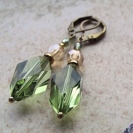 Green and topaz crystal glass earrings Vintage style art deco bronze