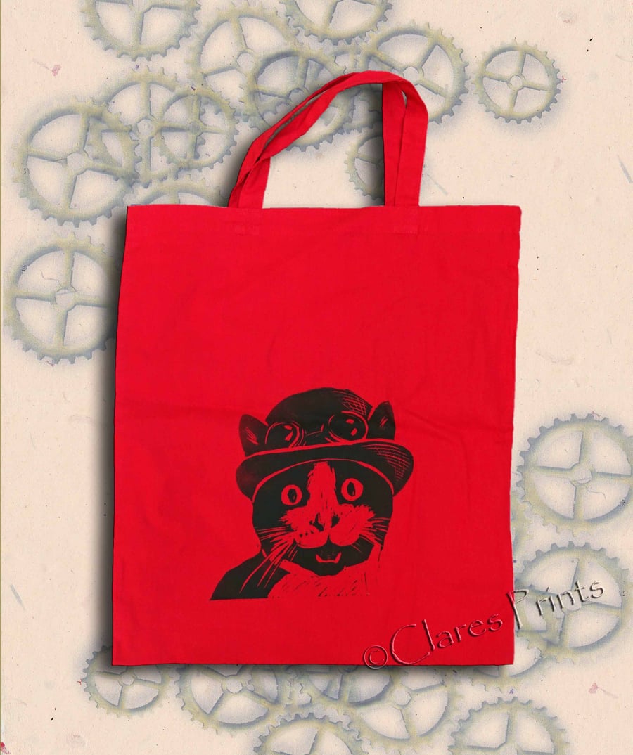 Steampunk Cat Tote Bag Animal Linocut Hand Printed Red Shopping Bag
