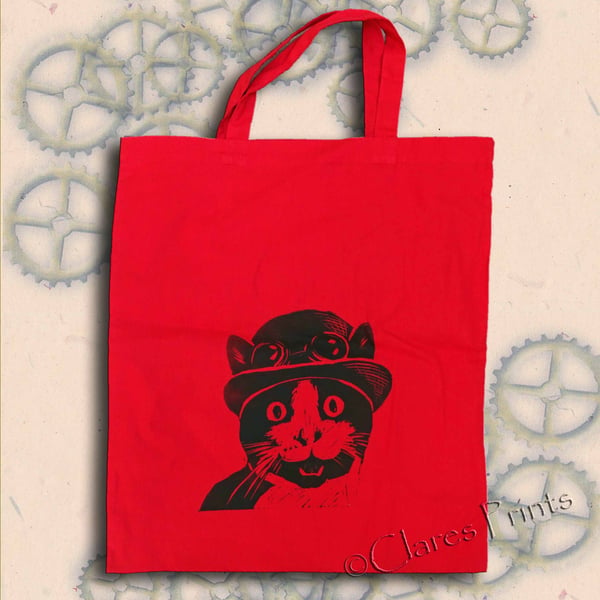 Steampunk Cat Tote Bag Animal Linocut Hand Printed Red Shopping Bag