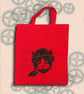 Steampunk Cat Tote Bag Animal Linocut Hand Printed Red Shopping Bag - Image 1