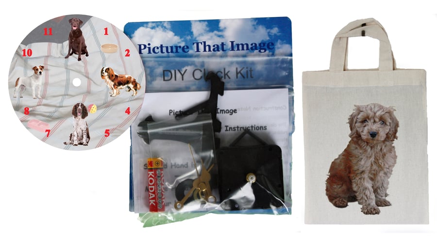 DIY 12cm Clock Kit Gift Set - Dogs in a Canvas Bag with a Red Cockapoo Motif