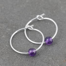 Beautifully Boho Tiny Amethyst Gemstone & 15mm Sterling Silver Hoop Earrings