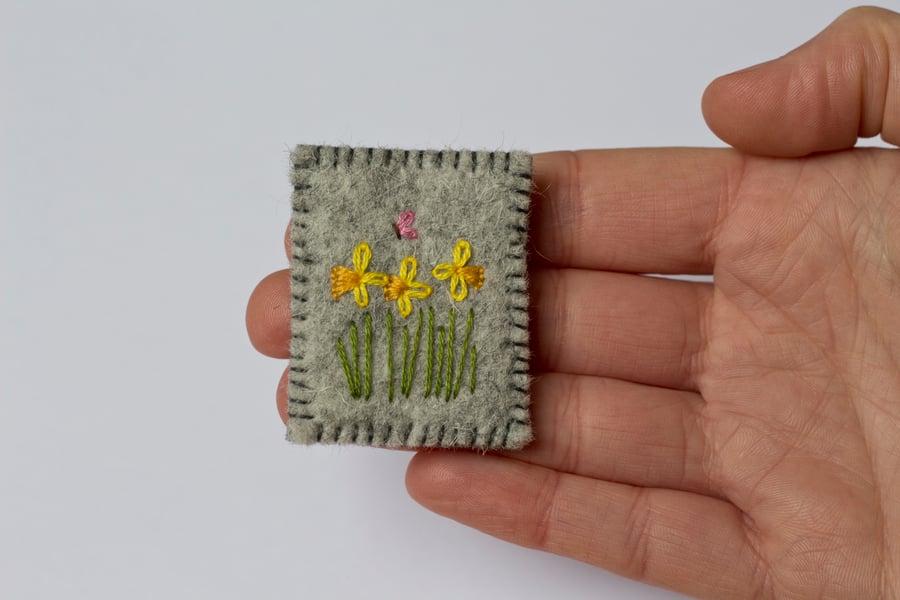 Spring Daffodils and Butterfly Embroidered Wool Felt Brooch