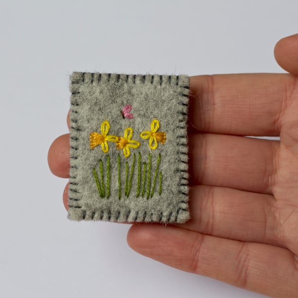 Spring Daffodils and Butterfly Embroidered Wool Felt Brooch