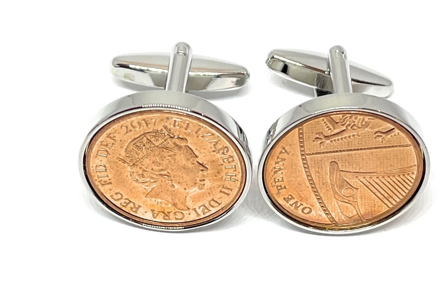 7th copper wedding anniversary cufflinks - Copper 1p coins from 2017- Gift - HT