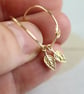 Slim Gold Hoops with Tiny Leaf Dangles 14 ct Gold Fill Hoop Earrings - Image 5