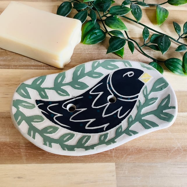 Handmade stoneware pottery Black bird and leaf soap dish bathroom decor