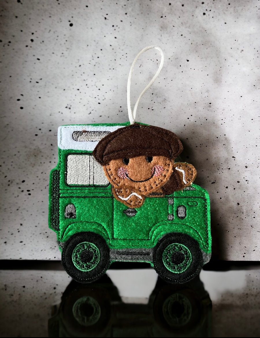 Gingerbread man driving a 4x4 jeep Embroidered Hanging Keepsake 