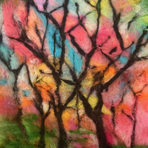 Abstract Colourful Woodland - Needle felt wall hanging art 