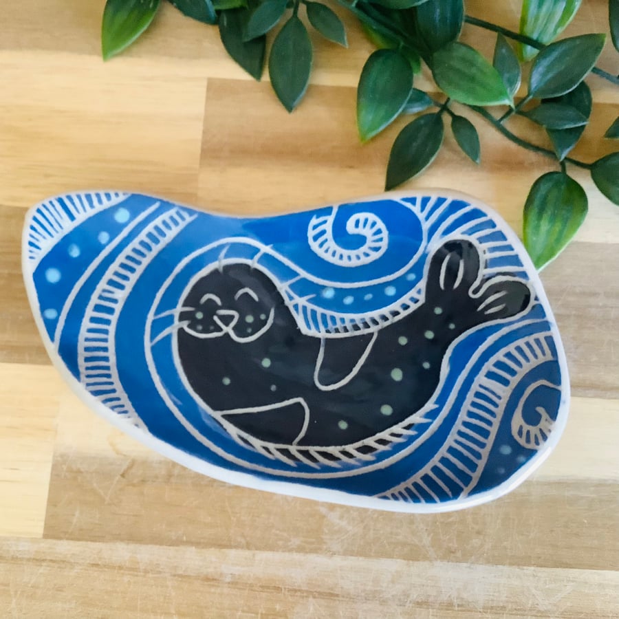 Handmade stoneware sgraffito happy seal trinket dish