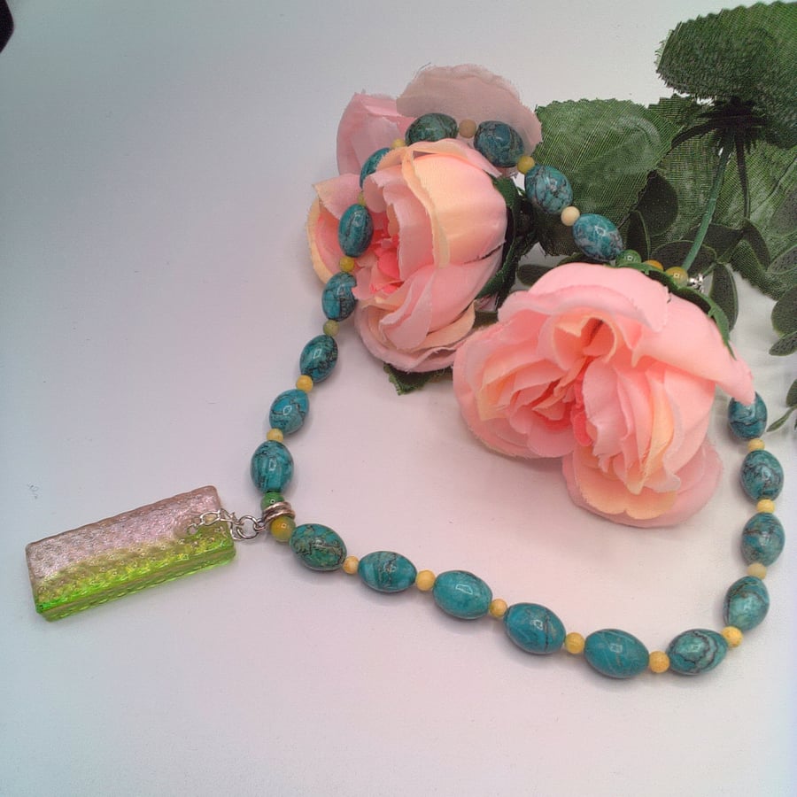 Green and Clear Rectangular Glass Pendant on a Jasper Jade and Fluorite Necklace