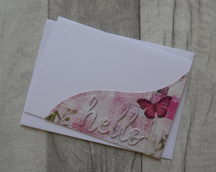 Pink Floral Patterned Paper with Butterfly - Hello - Blank Greetings Card