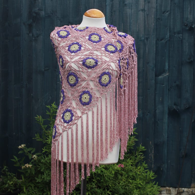 Crochet triangular shawl in sparkly gold, purple & baby pink - design LF433
