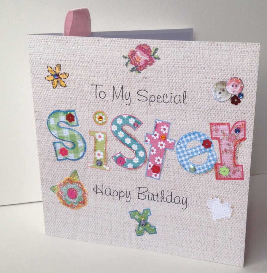 Birthday Card Sister,Printed Applique Design,Handfinished Greeting Card