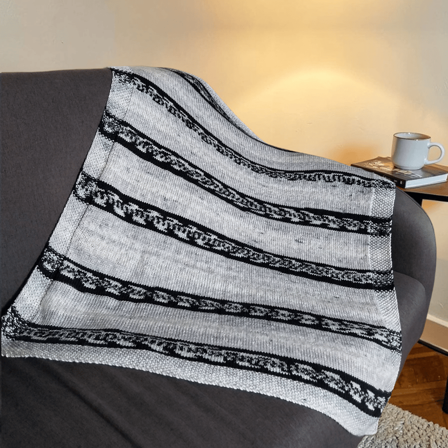Hand Knitted Black, Grey and Cream Fair Isle Baby Blanket Pram Size