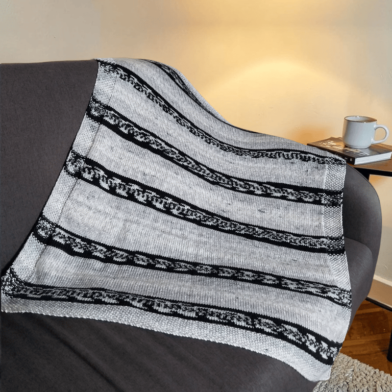 Hand Knitted Black, Grey and Cream Fair Isle Baby Blanket Pram Size