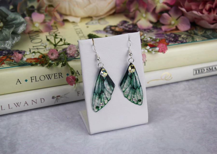 Beautiful Small Deep Emerald Green Fairy Wing Butterfly Cicada Earrings Festival