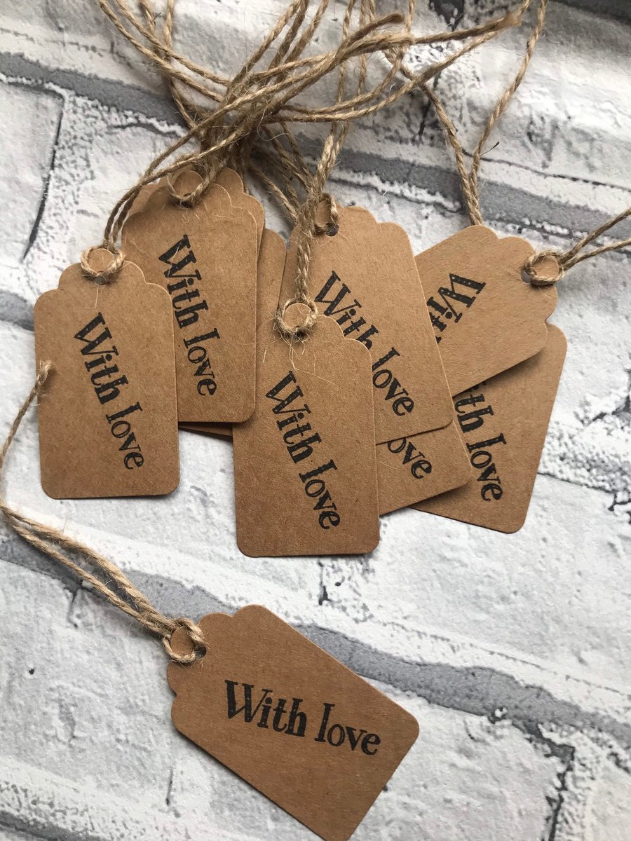 Handmade Kraft Gift Tags, With Love Stamped, Jute String - Pack of 10