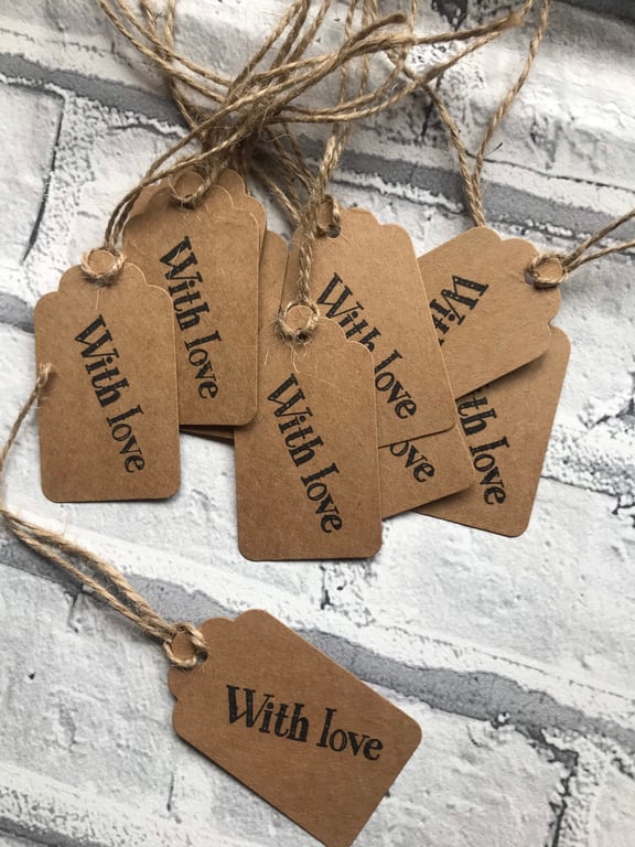 Handmade Kraft Gift Tags, With Love Stamped, Jute String - Pack of 10