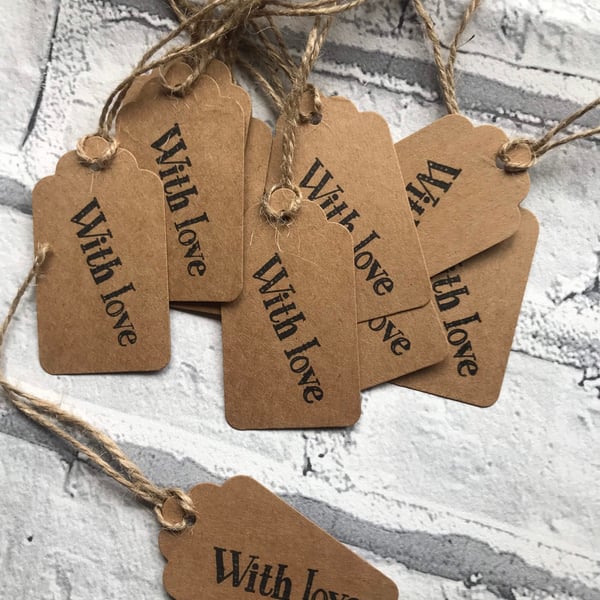 Handmade Kraft Gift Tags, With Love Stamped, Jute String - Pack of 10