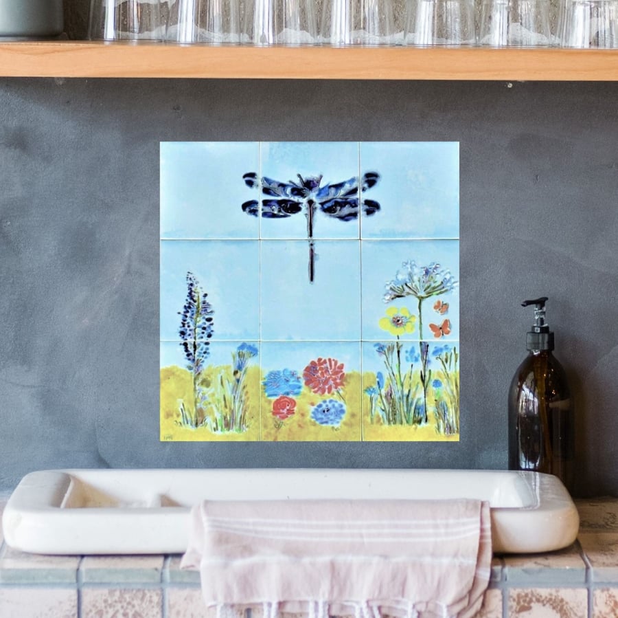 Splashback tile mural with Dragonfly suitable for kitchen or bathroom.