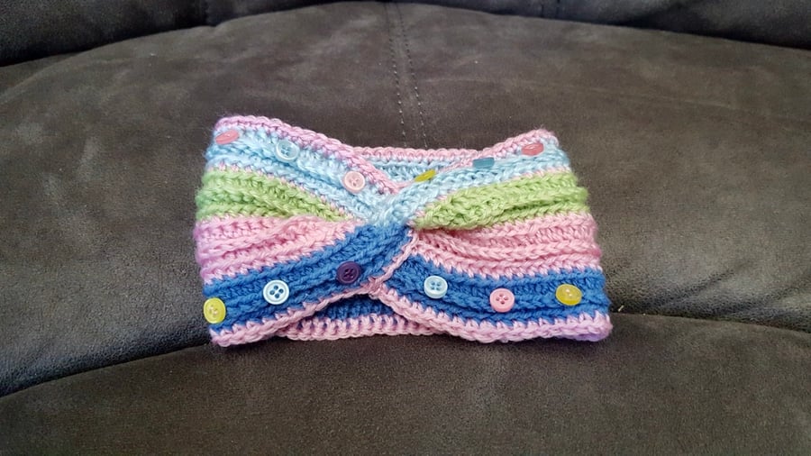 Child’s crochet headband,ear warmer multicoloured with buttons. 