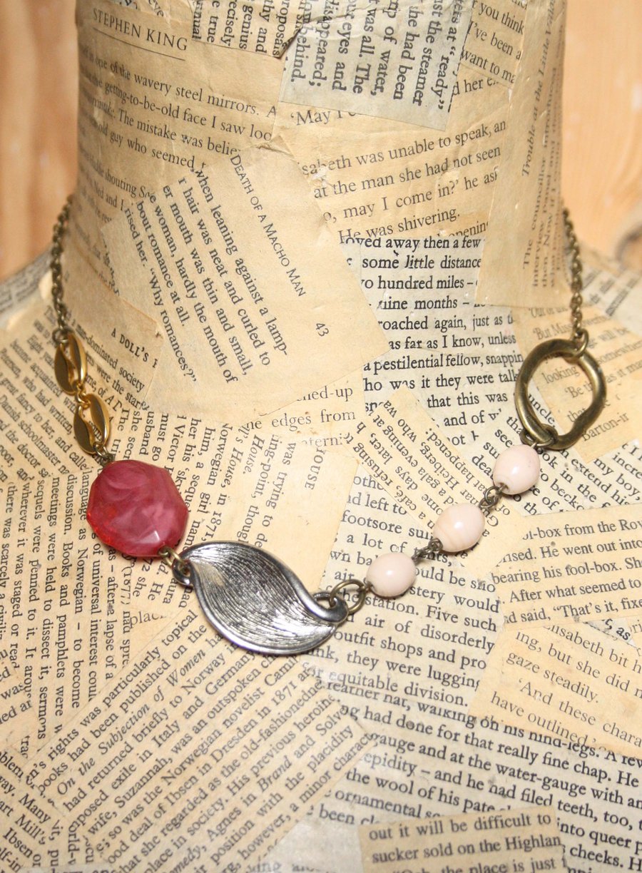 Pink Bead Vintage Charm Assemblage Necklace