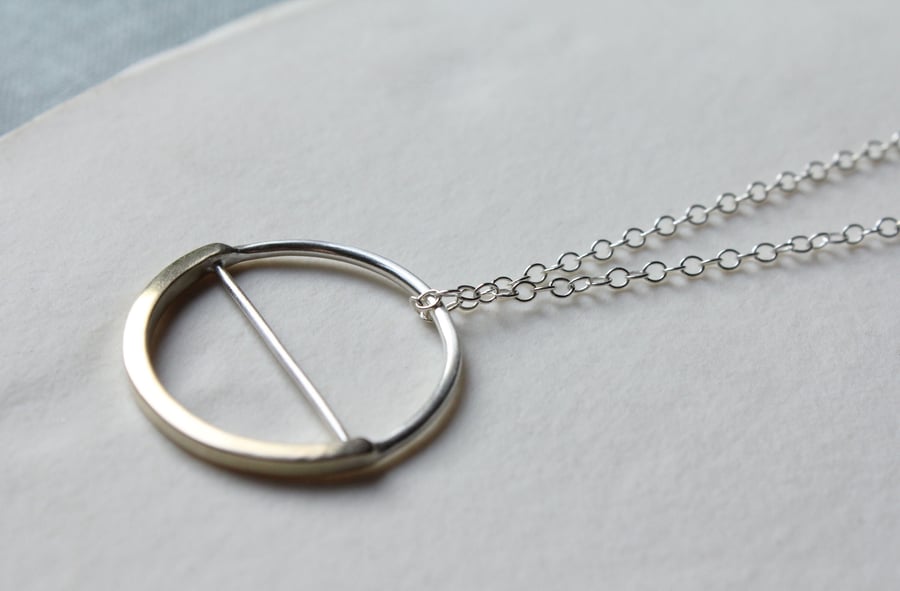 Silver and brass necklace, pendant necklace, silver circle necklace