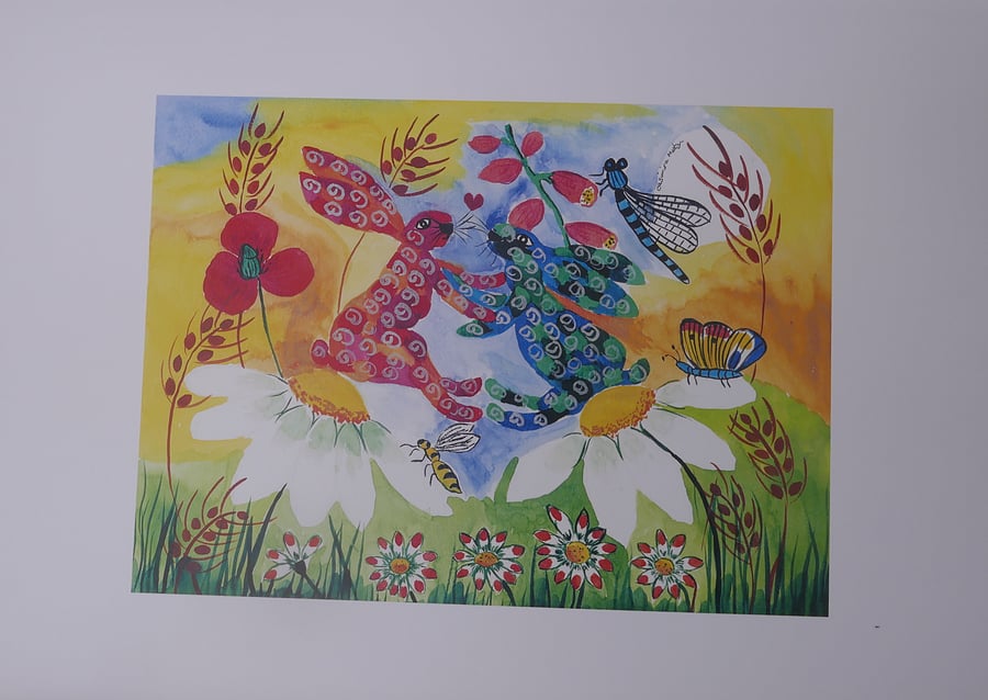 Quirky Colourful Hares in Love 11.5" x 8.5", including white boarder 18" x 12.5"