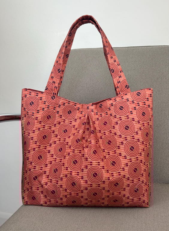 Pleated Cotton Tote Bag, Art Deco Circles, Lined Office Bag