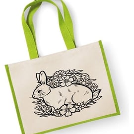 Floral Rabbit Print Large Jute Shopper Bag Spring time Easter Bunny Mothers Day 