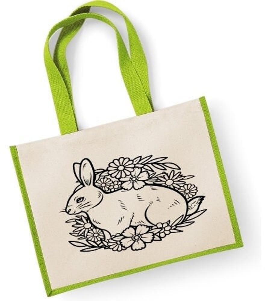 Floral Rabbit Print Large Jute Shopper Bag Spring time Easter Bunny Mothers Day 
