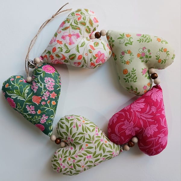 Liberty Fabric String of Hearts Hanging Decoration - Pink and Green
