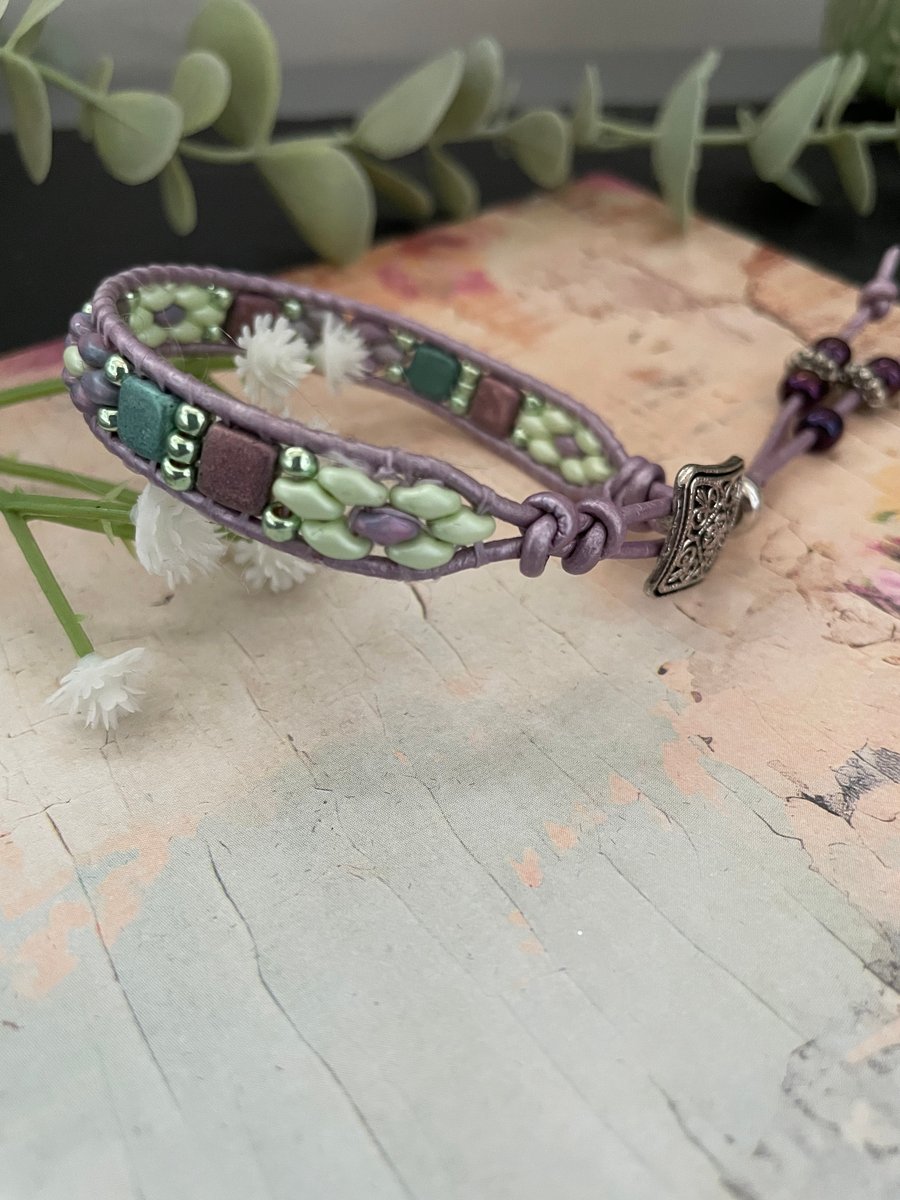 Bracelet ,Pretty lilac beaded leather wrap adjustable boho bracelet 