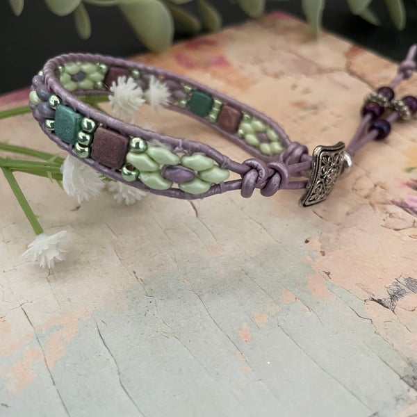 Bracelet ,Pretty lilac beaded leather wrap adjustable boho bracelet 