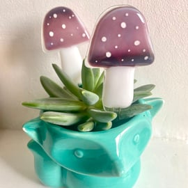 One purple pink Fused glass mushroom decoration fairy garden or plant pot stake 