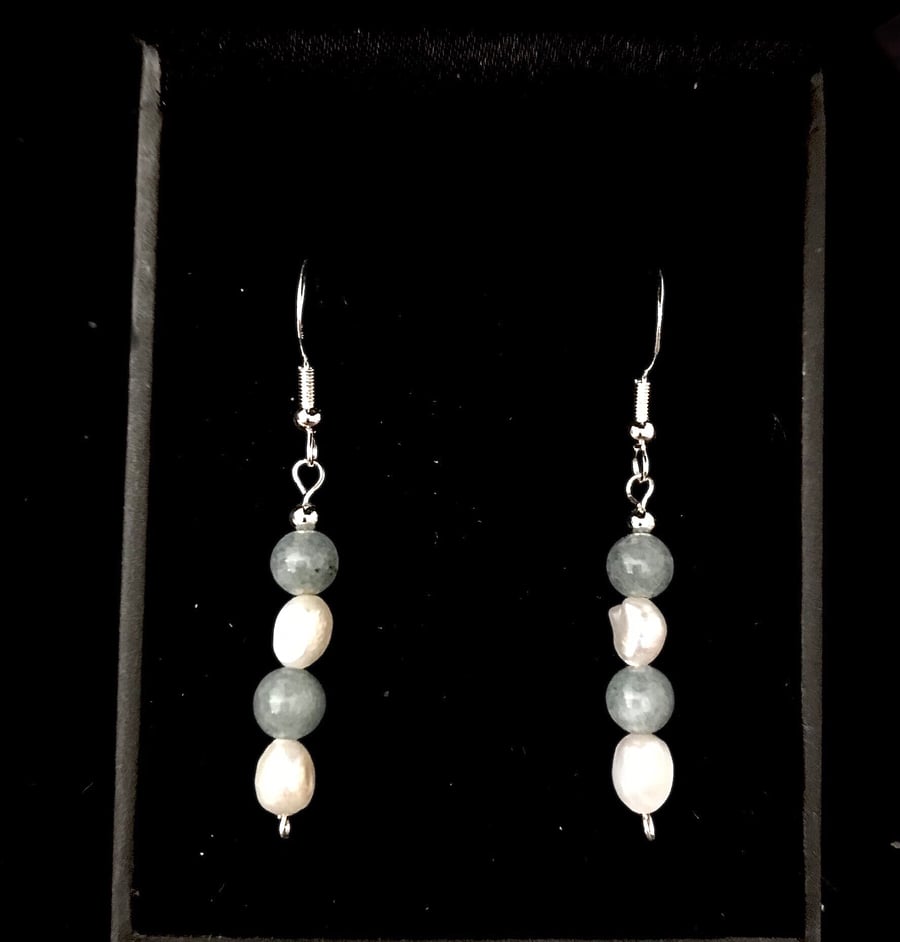 Freshwater Pearl Drop Earrings & Rare Burmese Jade Sterling Silver Gift Boxed