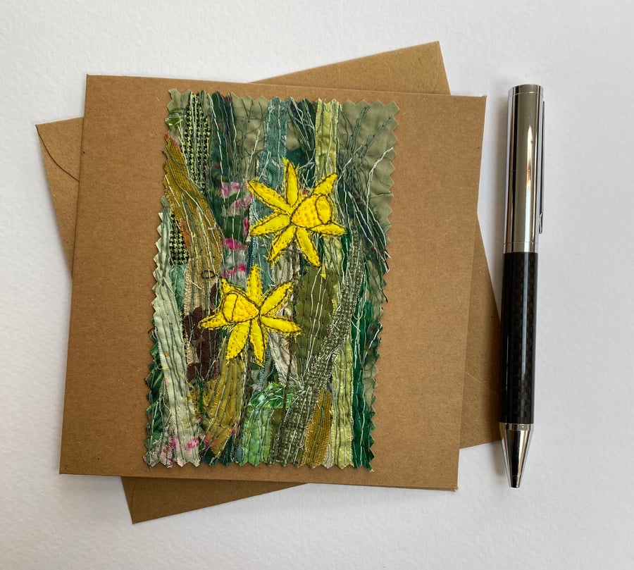 Up-cycled embroidered mini daffodils garden card. 