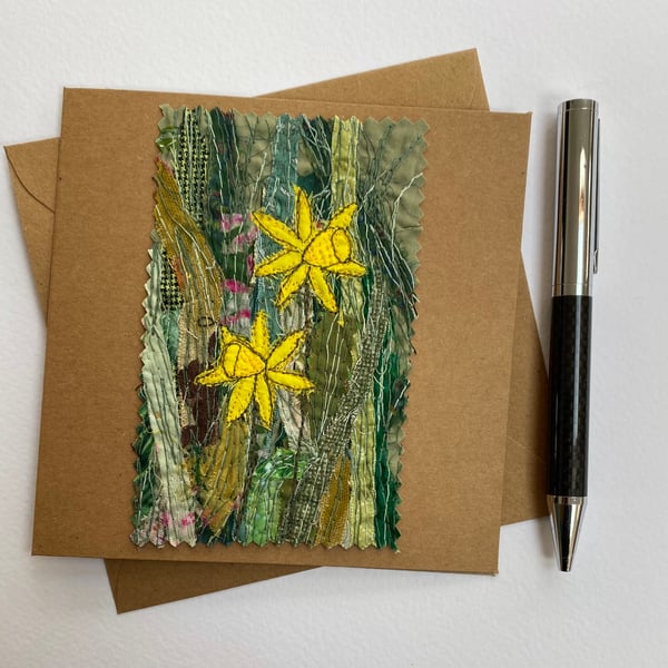 Up-cycled embroidered mini daffodils garden card. 