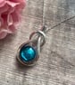 Sparkly turquoise silver glass knot pendant, teardrop blue dichroic necklace