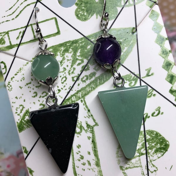 Mismatched triangle gemstone earrings - Amazonite, Agate and Onyx