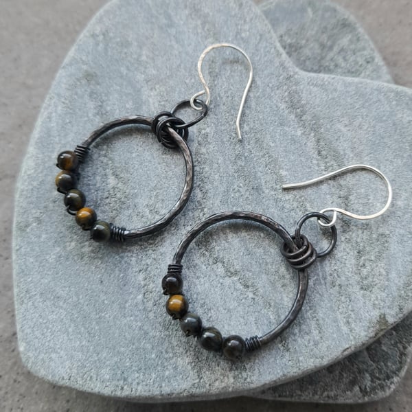 Oxidised Copper Hoops Tigers Eye Sterling Silver  Dangle Earrings