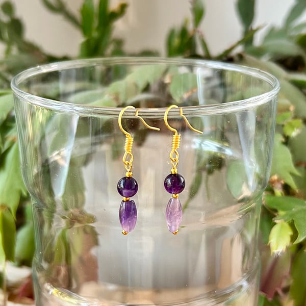 Amethyst earrings on gold plated hook - February birthstone