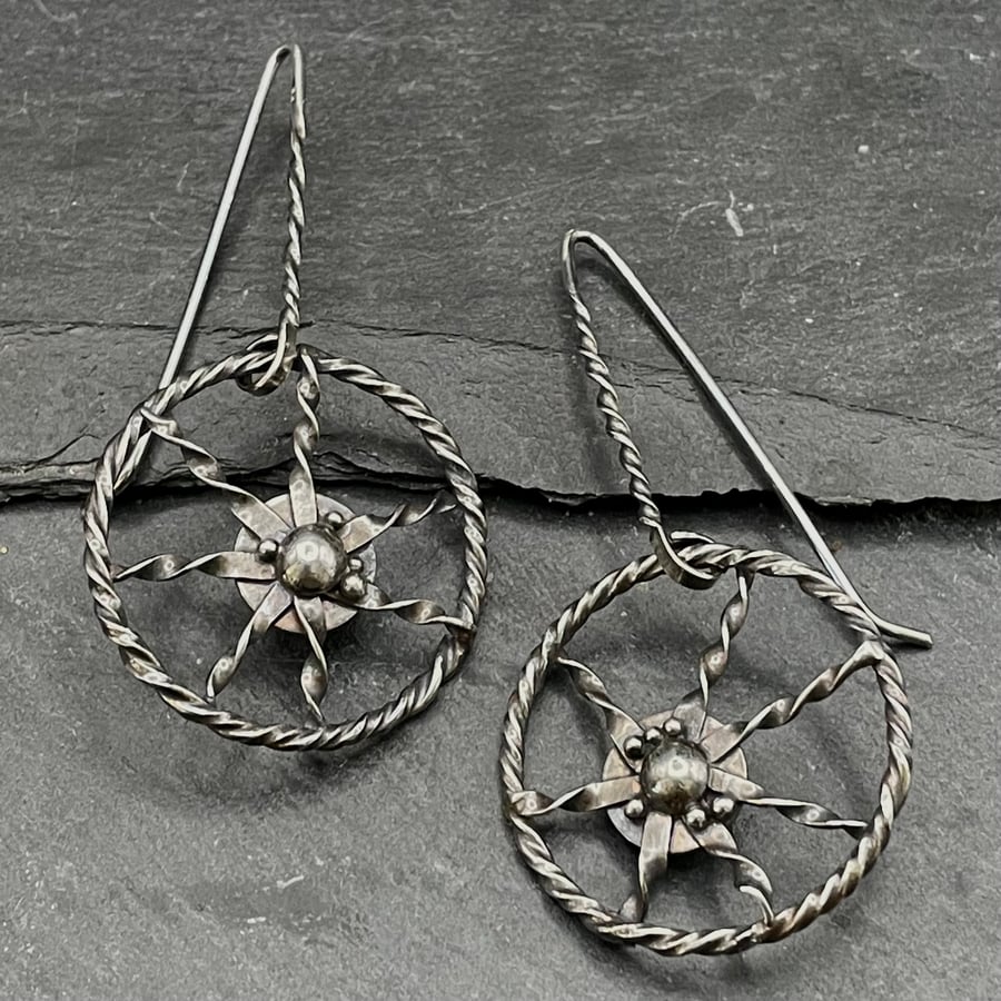Sterling Silver Oxidised Earrings- Flower wagon wheel 