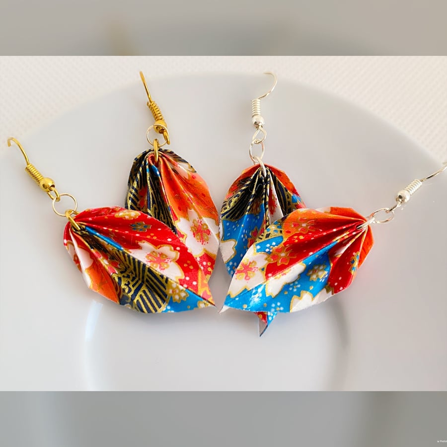 Multicolor Leaf Earrings, Origami Leaf Earrings, Paper Leaf Earrings
