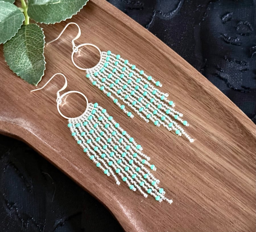 Turquoise and crystal beaded fringe earrings